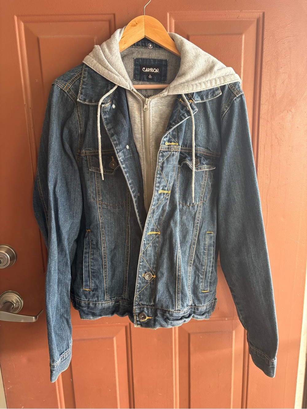 Carbon Men's Blue Denim Jacket with Gray Hooded Insert